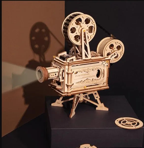 Wooden film projector 3D puzzle with hand crank and fully mechanical gear assembly