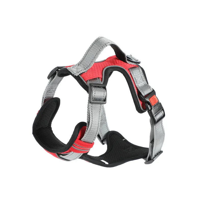 Orange polyester dog chest strap vest harness with an adjustable strap and a matching hand holding rope.