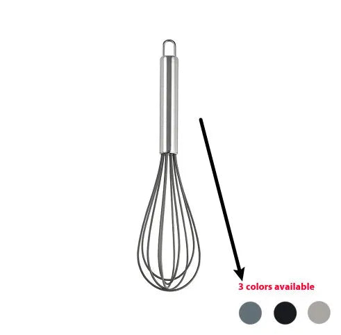 12-piece silicone kitchen utensil set in rotating storage bucket, including spatula, spoon, ladel, and egg beater on kitchen counter.
