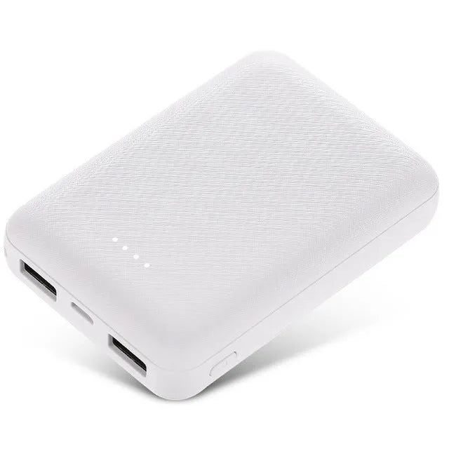 Black or white 10000mAh ultra-thin power bank with multiple USB ports showing 90mm x 63mm x 22mm dimensions