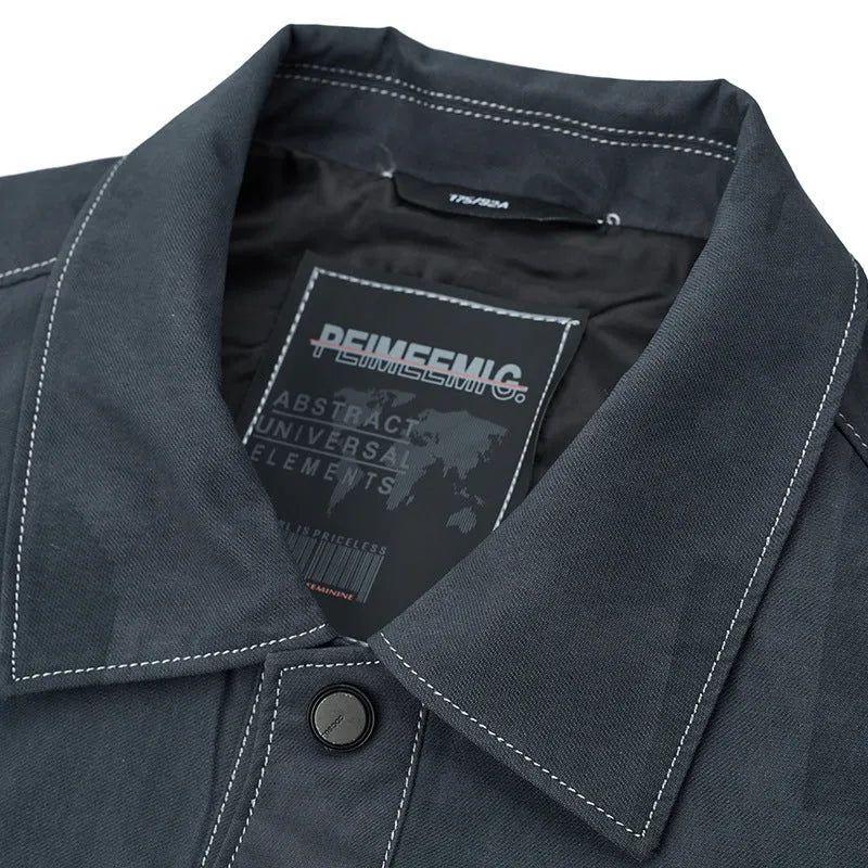 Men's slim fit multi-pocket denim jacket coat in gray, lapel collar, long sleeves
