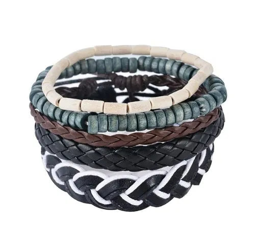 Handmade adjustable leather bead bracelet with multilayer design featuring cowhide leather, wooden beads, and woven ropes