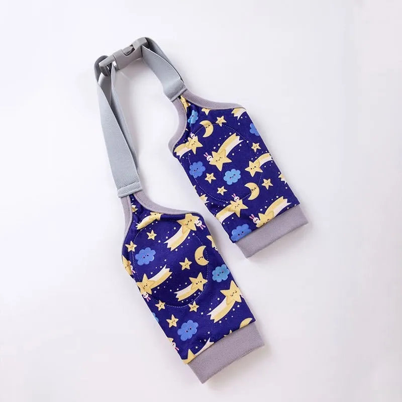 Blue dog elbow support sleeve with padded patch and matching scarf, shown with plastic buckle adjustment.