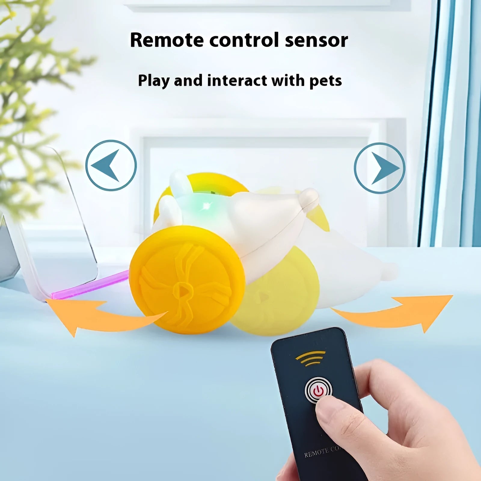 Blue and yellow electric self-hiding mouse cat toy with remote control on a floor.