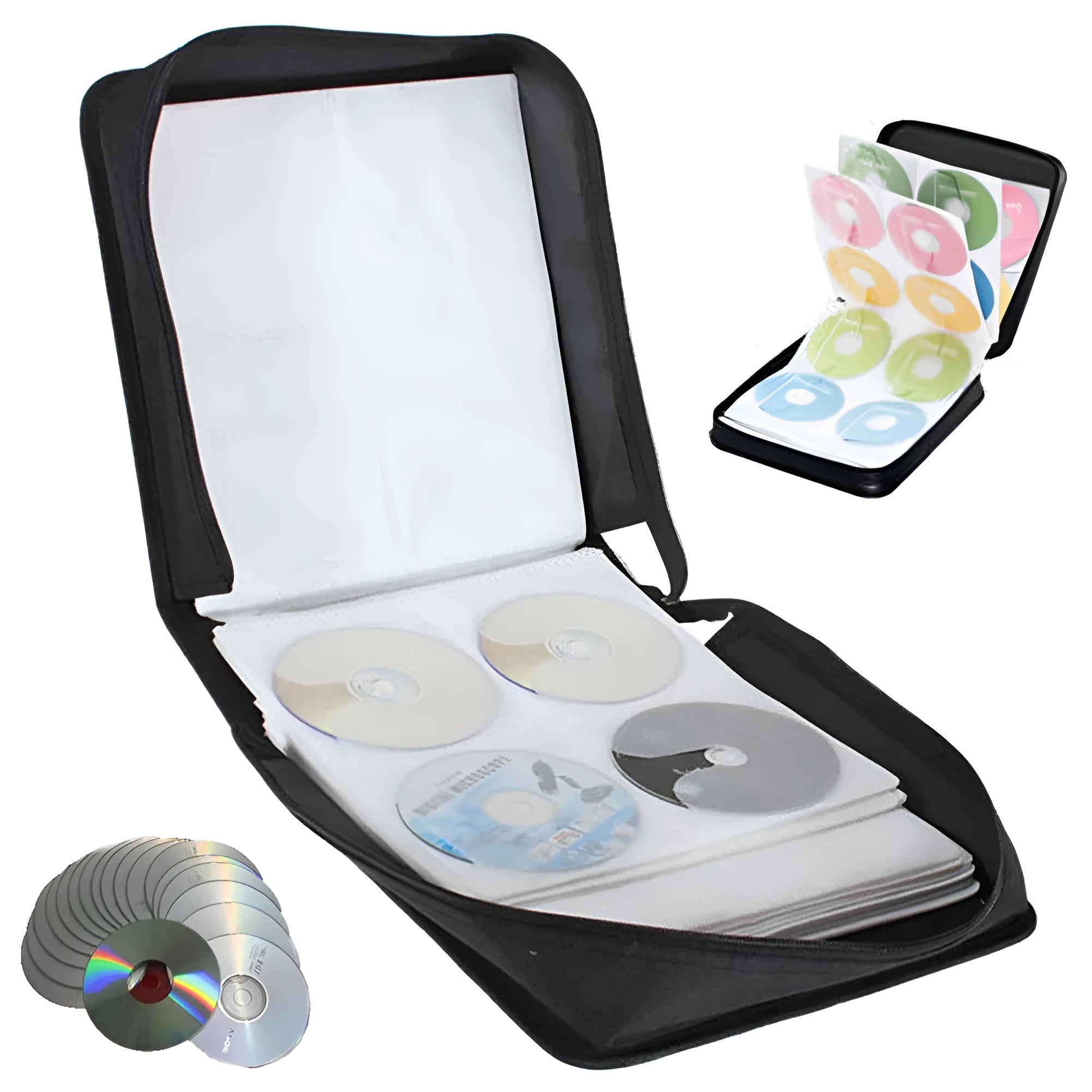 Black oxford fabric CD DVD storage organiser with hand strap and zipper closure