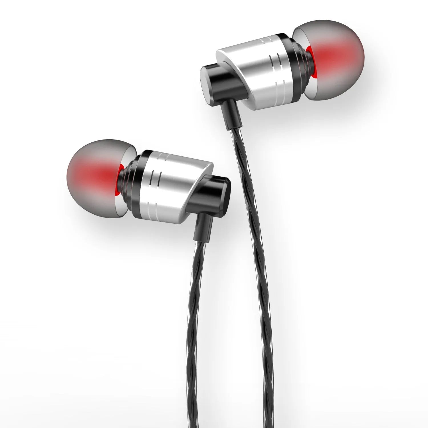 Black wired in-ear earphones with a 3.5mm plug, silicone earpieces, and a built-in microphone on the cable.