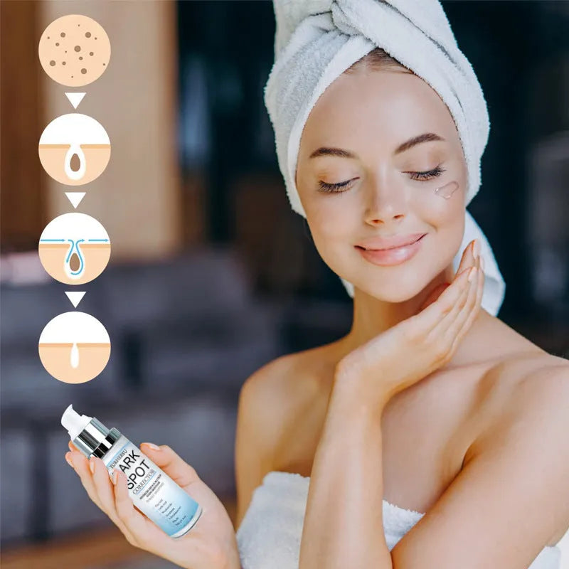 Spot lightening essence bottle for facial skincare with brightening, moisturising and tightening properties