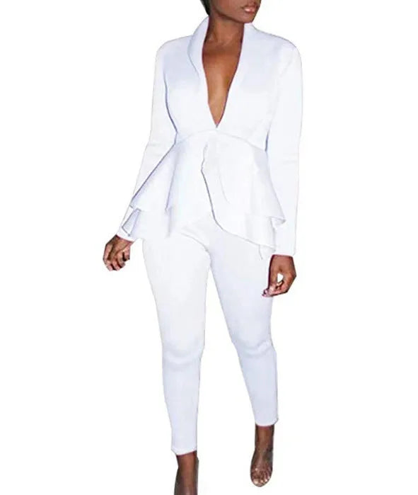 Women's ruffled business uniform set in polyester fabric with shirt and pencil pants