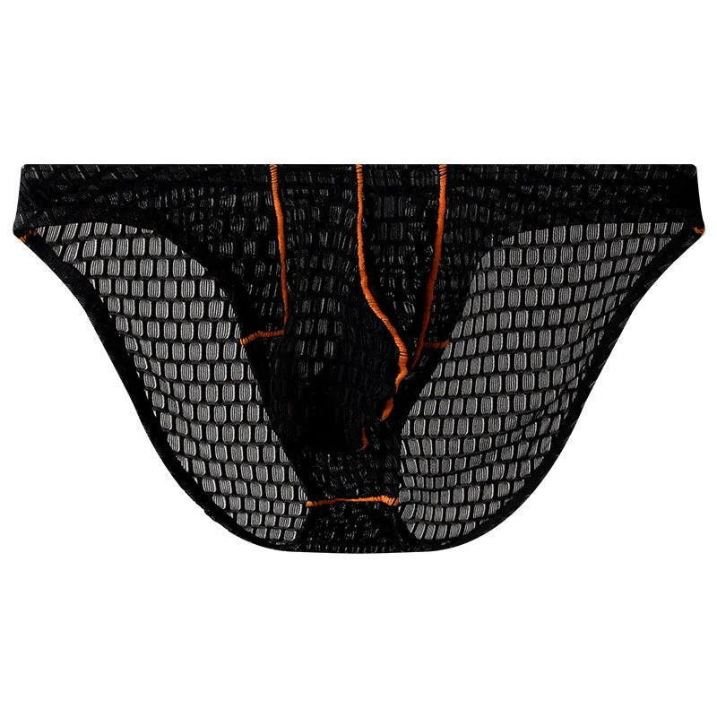 Men's low waist ice silk lace briefs in solid colours including rose red and light purple on a size chart.
