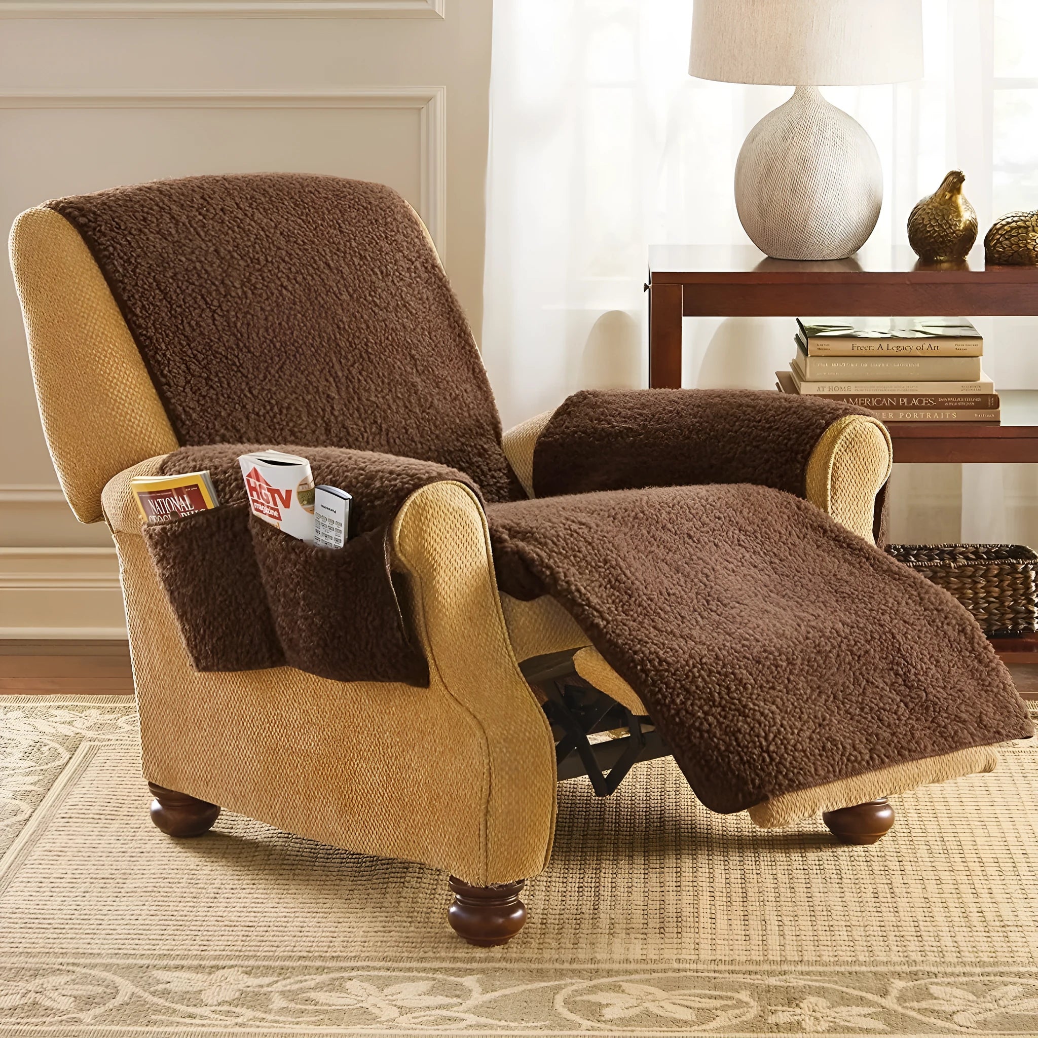 Lamb wool polyester sofa cushion slipcover in beige, shown on a cushion
