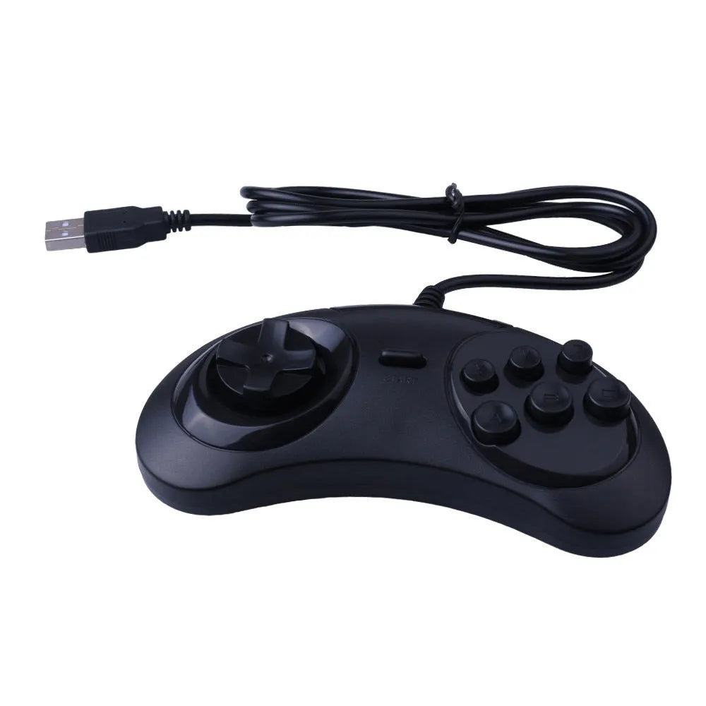 Black Sega-style USB wired PC game controller with 1.8-metre cable on a desk.