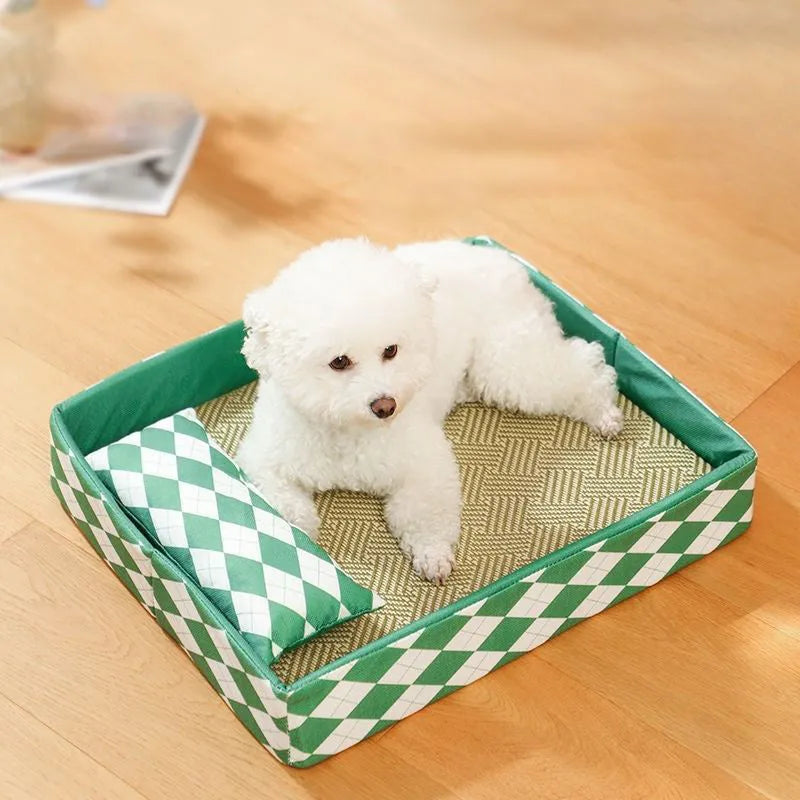 Blue rattan weave cat bed and litter mat in a raised frame, shown with a cat resting on it.