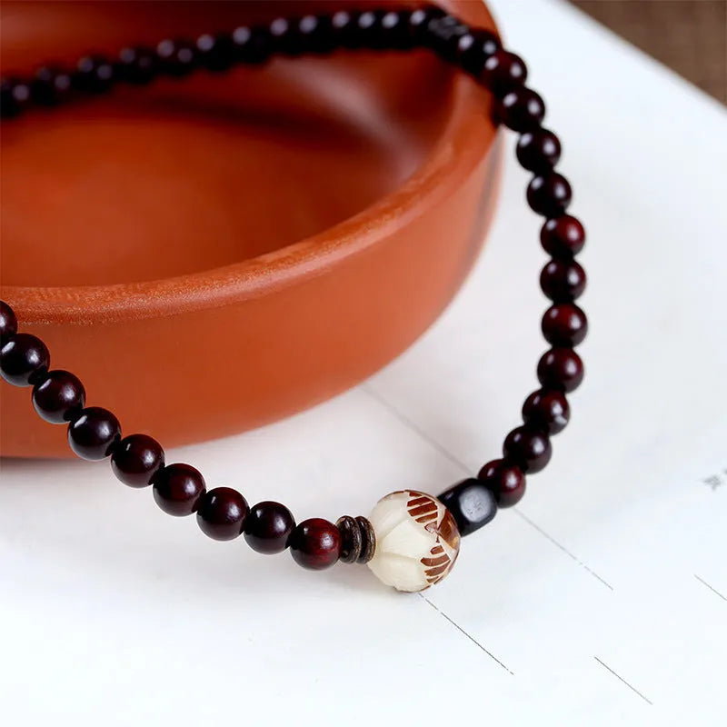 Natural rosewood bracelet with double rings and single circle design, 10mm floral carved bead