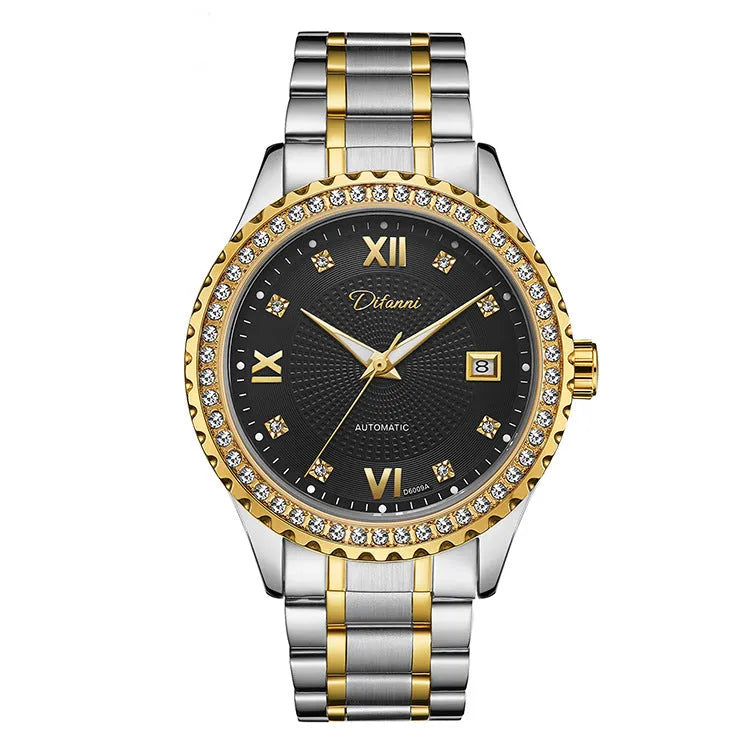 Fashionmonger men's gold and silver automatic mechanical watch with luminous hands on white and black dial.