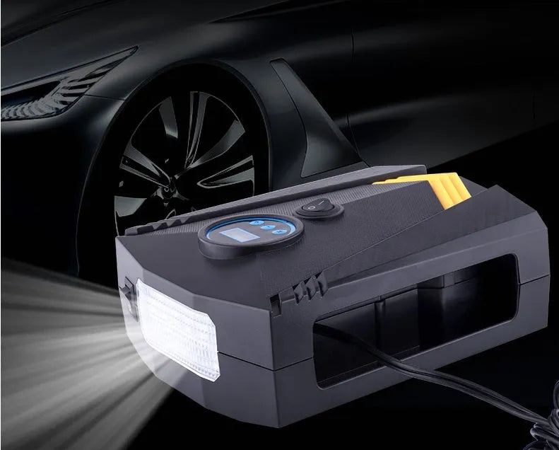 Black 12V single cylinder digital tyre inflator with pressure gauge and automatic charging displayed on dark surface