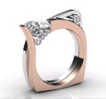 Rose gold electroplated alloy couple ring with inlaid zircon stones in a geometry shape.