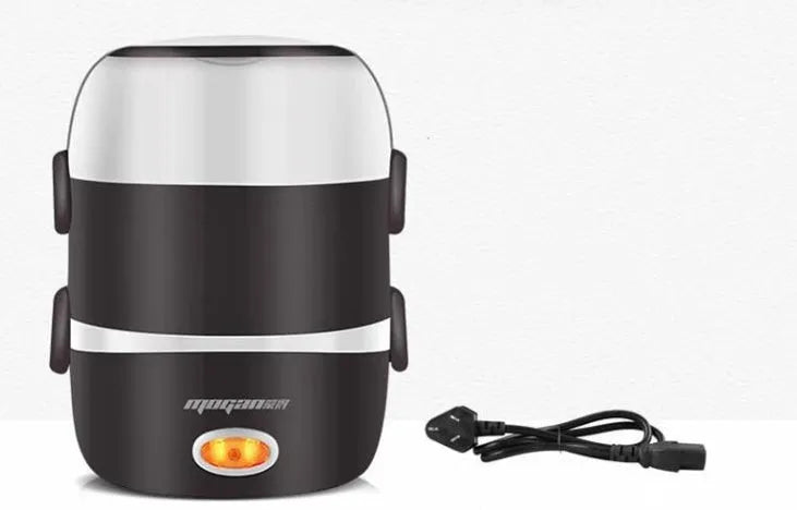 White 2L capacity rice cooker with stainless steel pot on a kitchen countertop