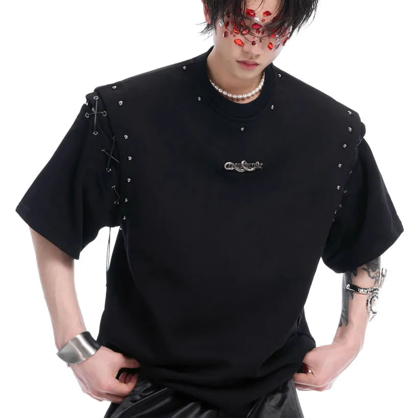 Women's black lace-up cutout short sleeve t-shirt showing side detail