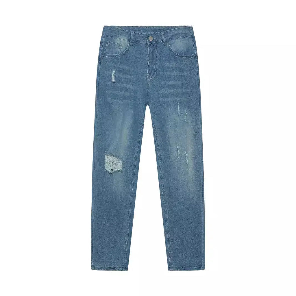 Men's blue cotton denim skinny jeans with medium elasticity, available in sizes S to XXL.