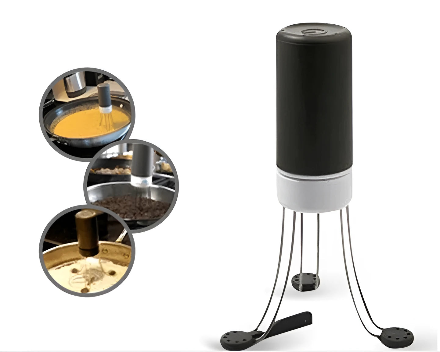 White and black automatic kitchen food stirrer with stainless steel whisk on countertop.