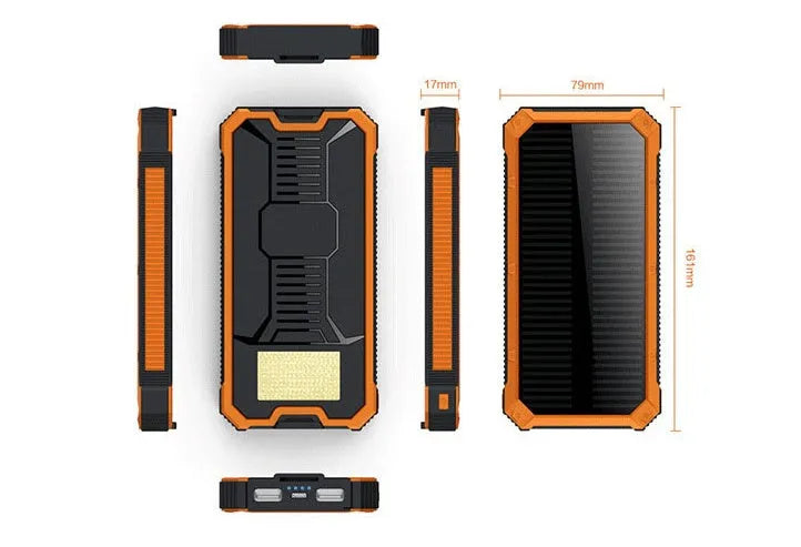A solar power bank in black, green, orange or yellow, showing solar panel and compact 161x79x17mm size.
