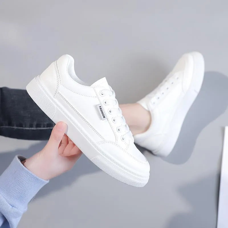 Korean style low-top women's sneakers in brown or white with artificial PU upper