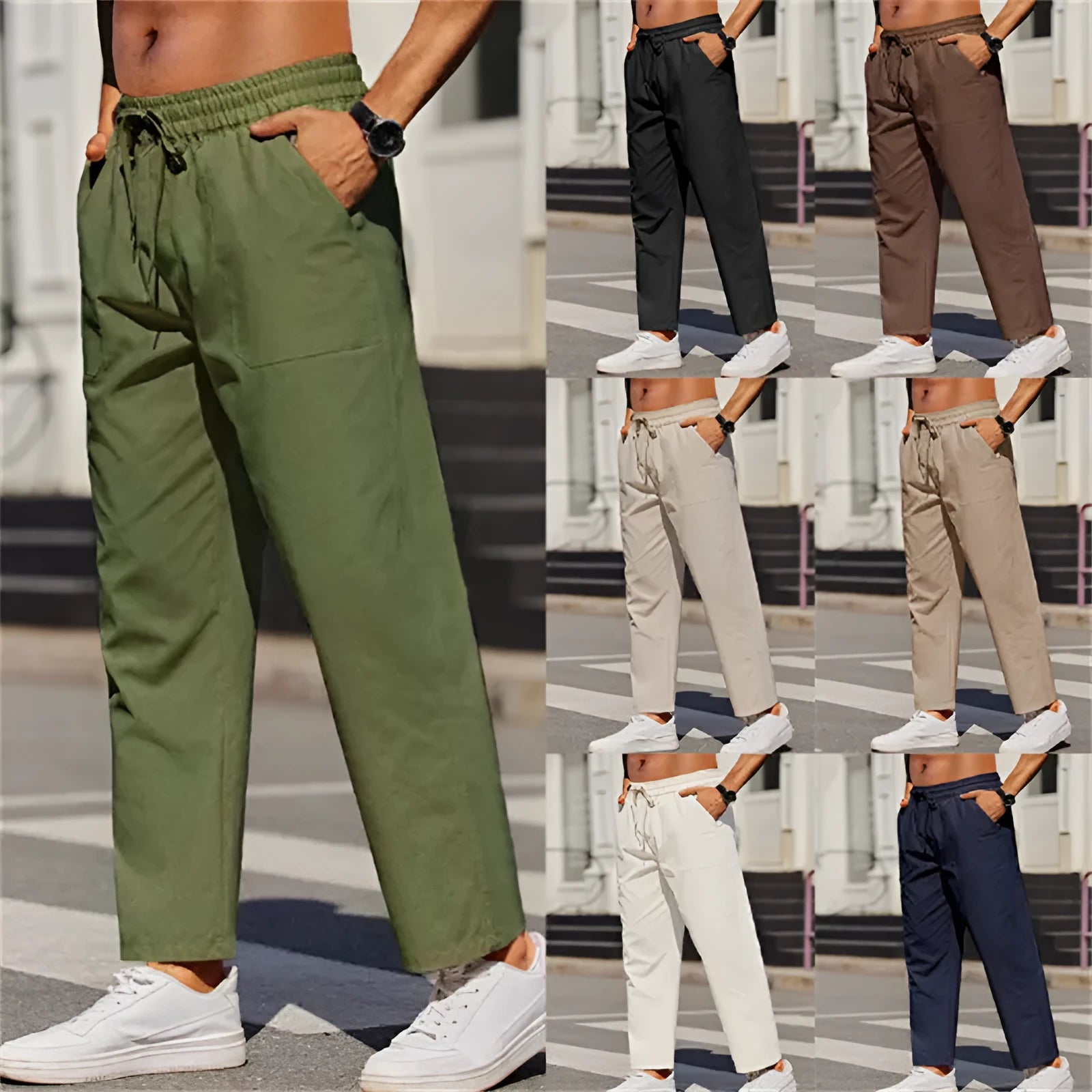Men's straight-leg linen casual trousers with an elasticated waist in a solid colour.