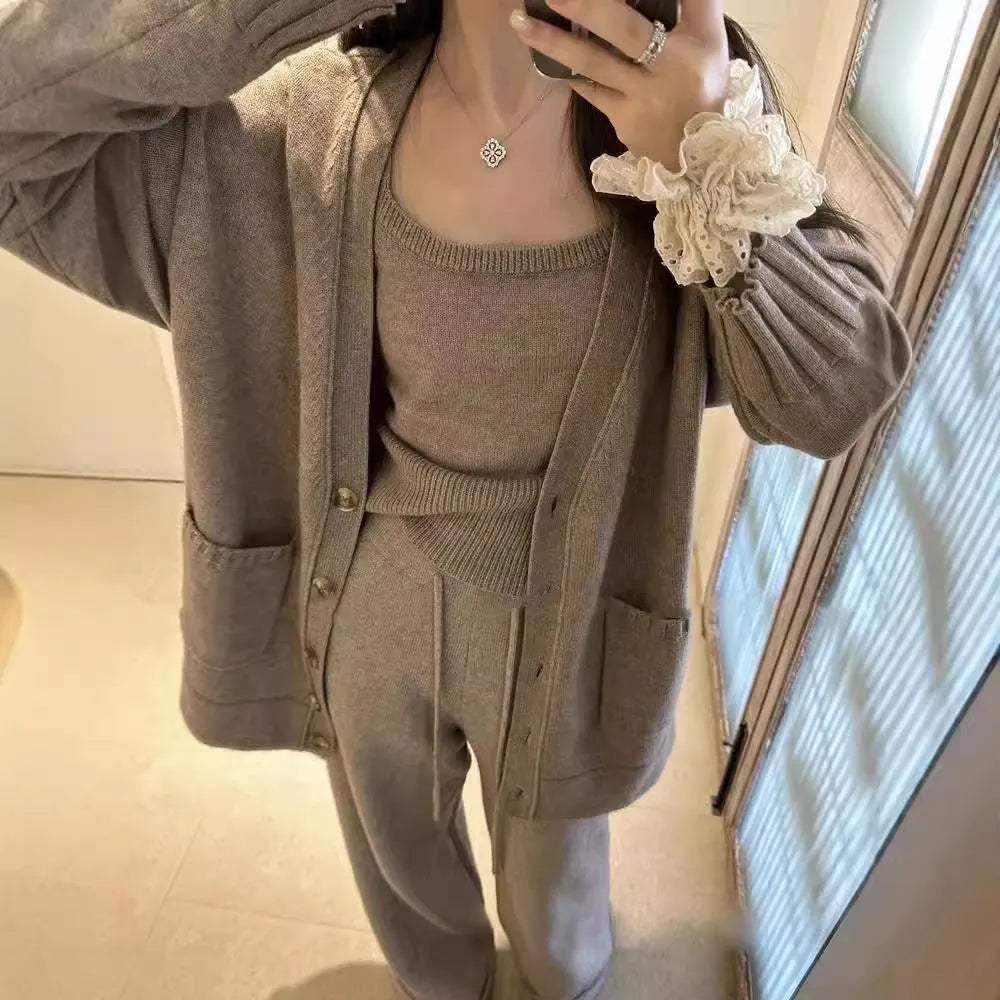 Women's wool blend cardigan suspender pants three-piece set in loose casual style