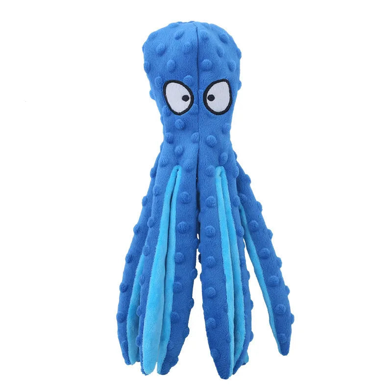 Blue unfilled octopus plush dog toy with crinkle and squeaker, shown next to a tape measure indicating its 32cm length.