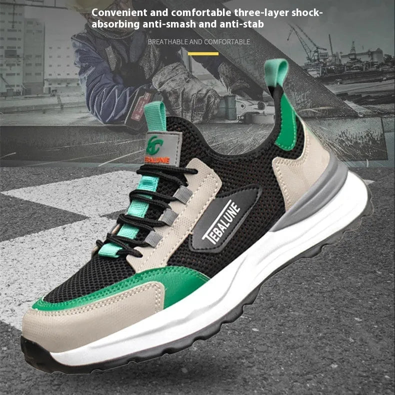 Black and green low-top safety shoes with a mesh panel and plastic steel toe cap on a TPU sole.