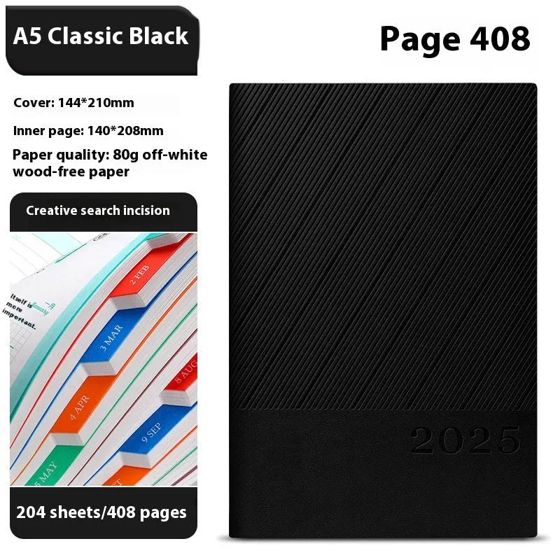 A5 business notepad with striped PU leather cover showing eight colour options open to reveal thick paper