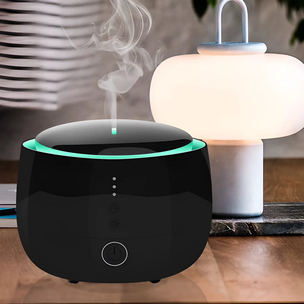 Smart home aromatherapy humidifier with 300ml capacity, colourful LED lights, touch panel, and UK plug in white