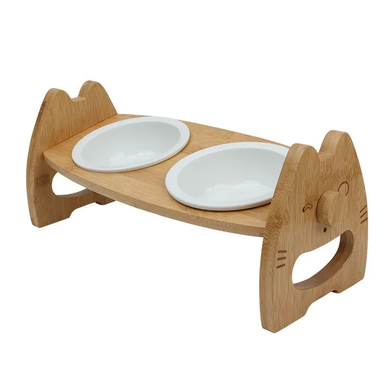 Height adjustable ceramic double bowl on bamboo stand for cats and dogs, original wood colour, non-slip base