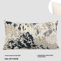 Blue floral antique pattern wool blend cushion cover and feather velvet pillow on a sofa.