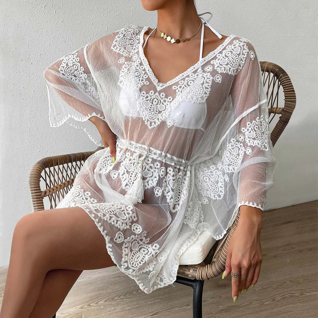 White textured beach blouse for women, free size, for swimming cover-up.