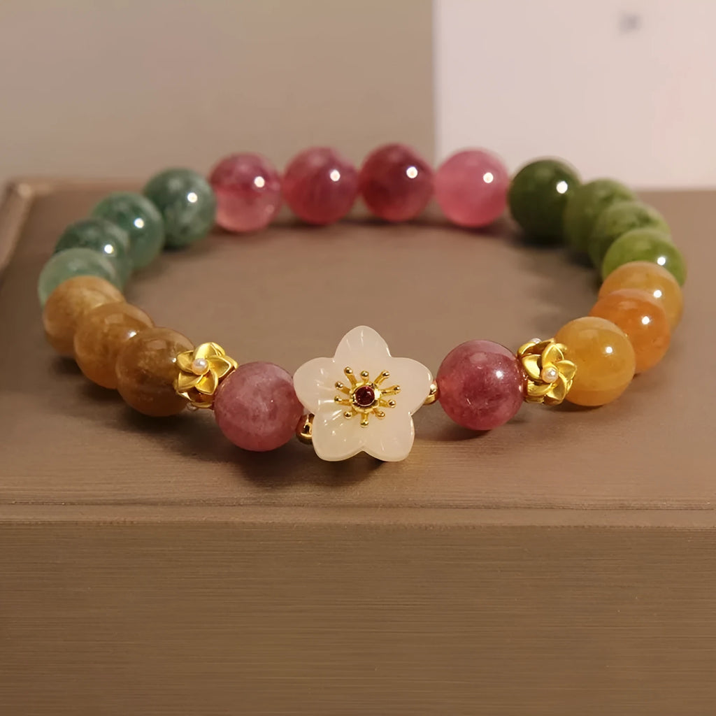 Natural colour tourmaline bracelet with flower design and electroplated finishing