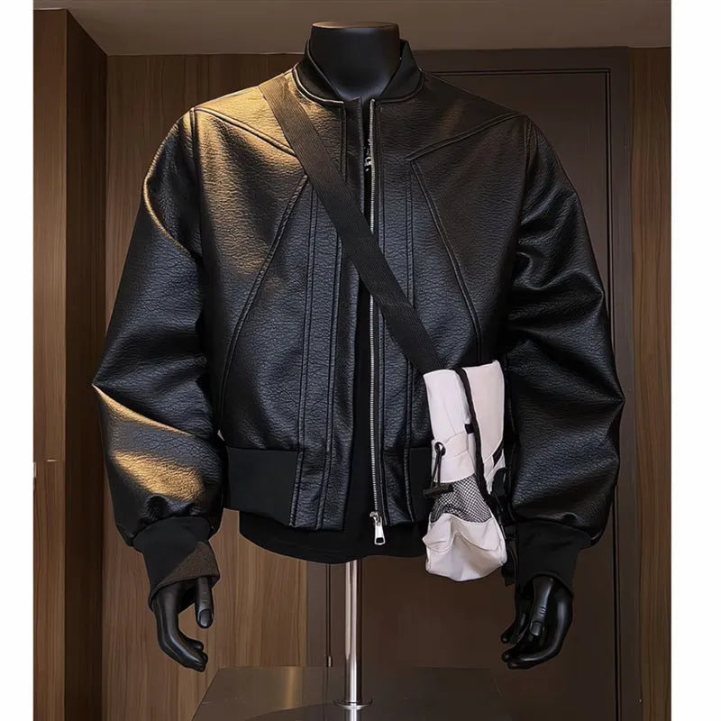 Men's black extended length PU leather jacket on a hanger, showing tight fit and 100cm length.