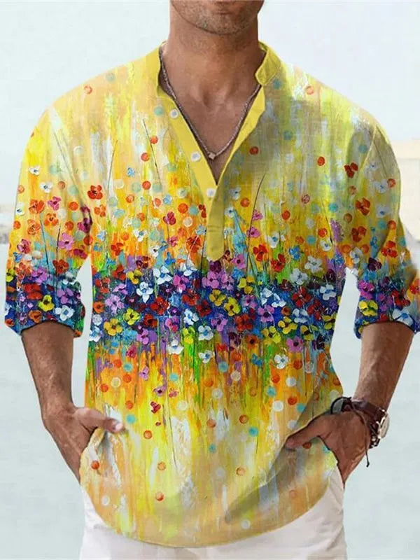 Man wearing striped bamboo hemp short sleeve shirt in British style, showing colour options S9570135 and S9577167.