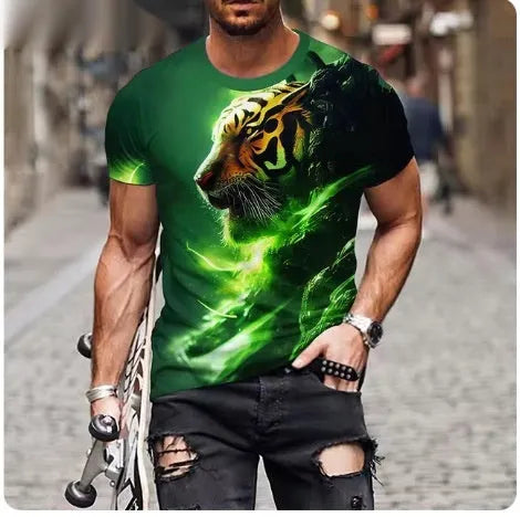 Men's black T-shirt with a large detailed fierce lion graphic print on the front
