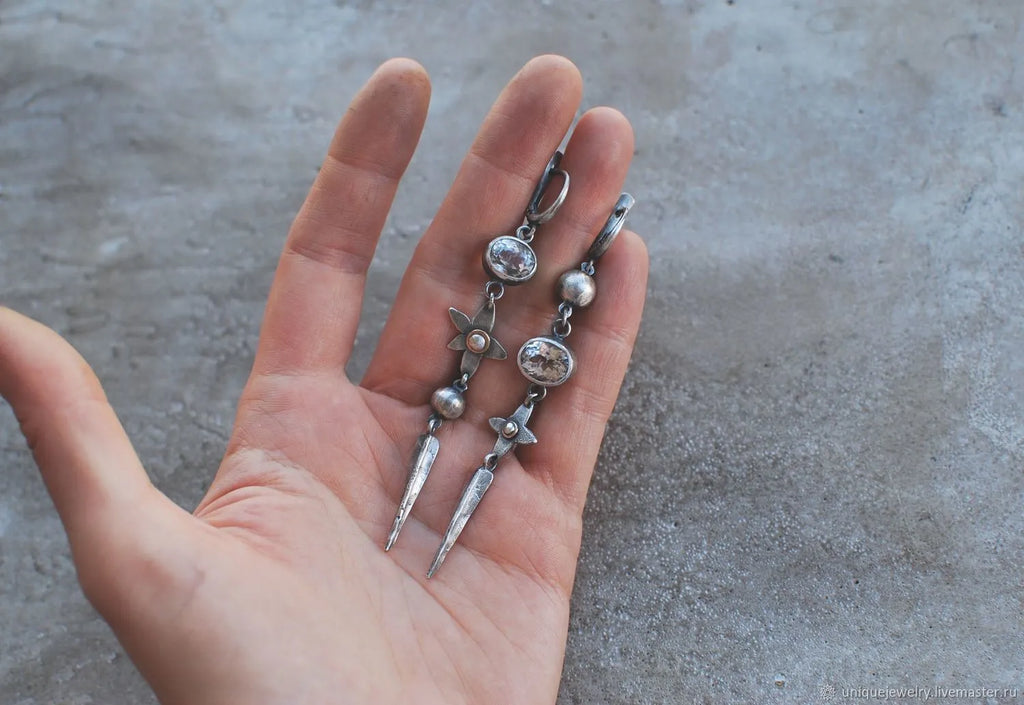 Geometric antique silver rhinestone pendant earrings with XINGX design on alloy base