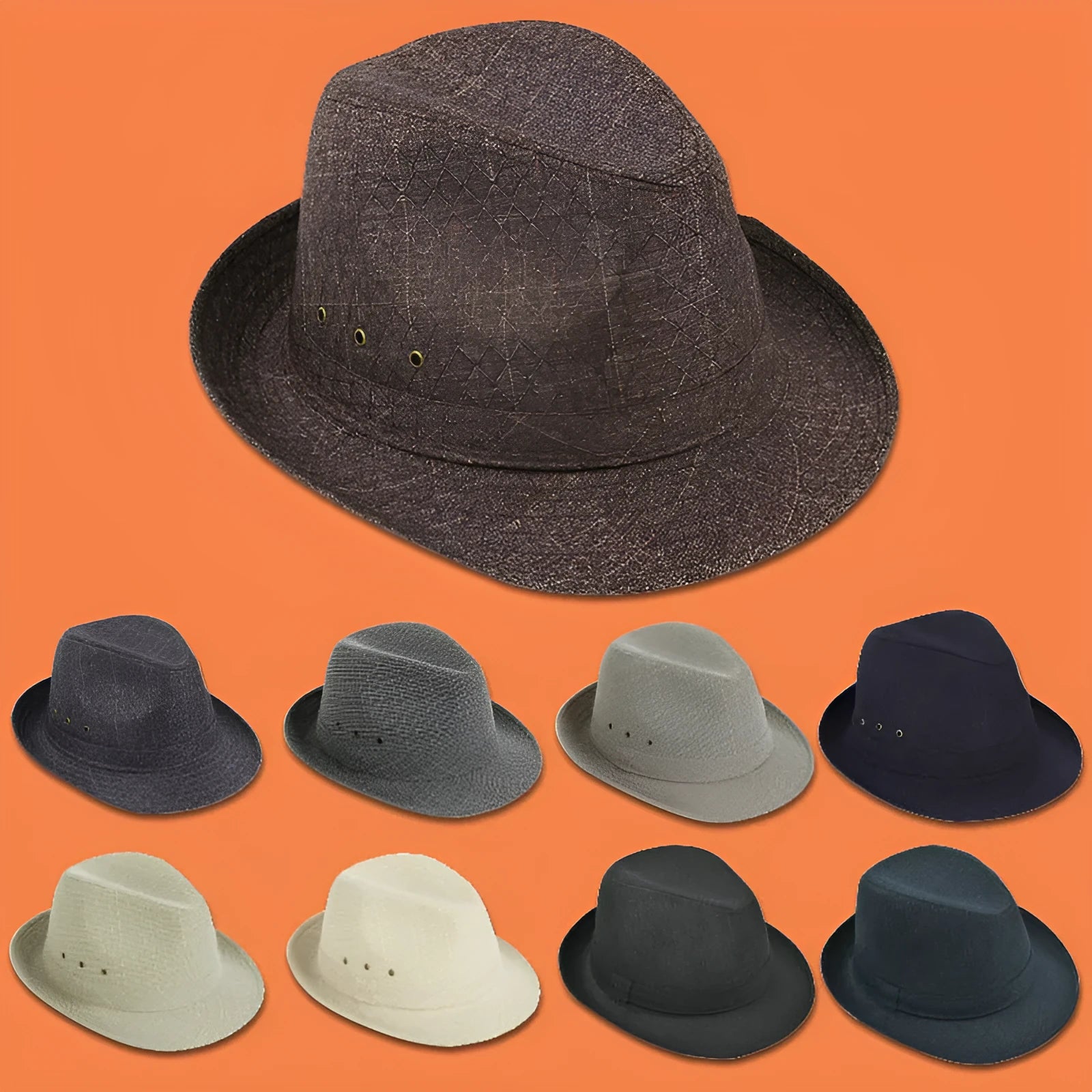 Classic brown fedora hat with structured crown and wide brim on a wooden stand