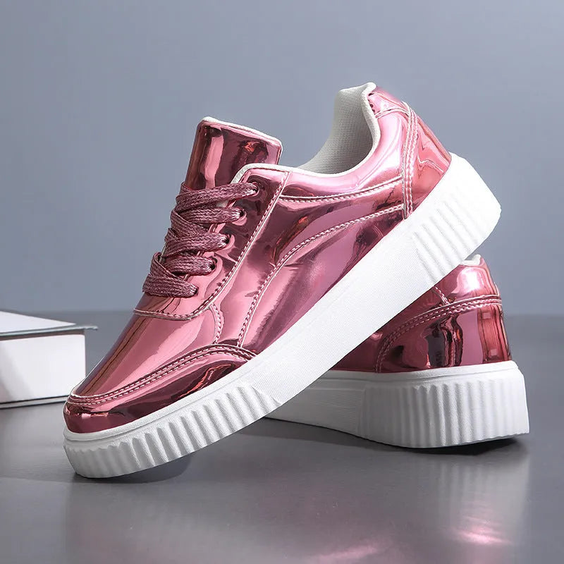 Rose gold platform sneakers with sequin details and a thick MD sole.