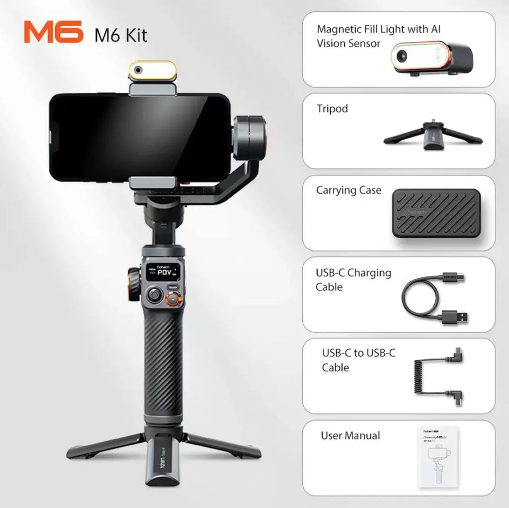 Black AI face tracking fill light and three-axis camera stabiliser kit with tripod