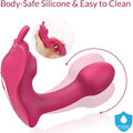 Remote control wearable butterfly dildo in red silicone with remote and USB cable, on plain background