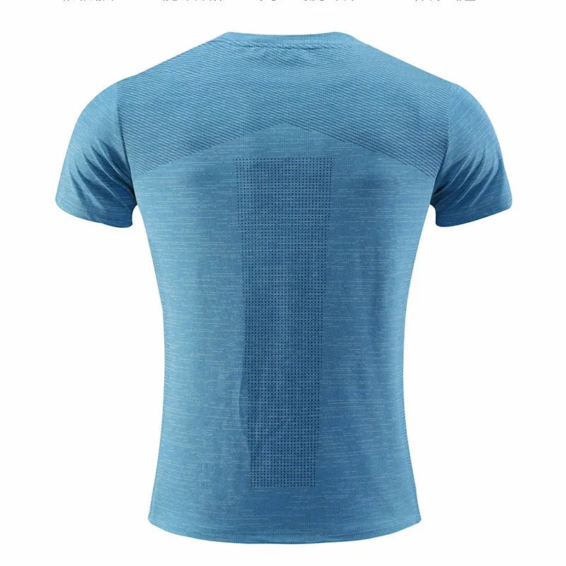 Men's red short-sleeved sports T-shirt made from polyester spandex fabric for running and basketball.