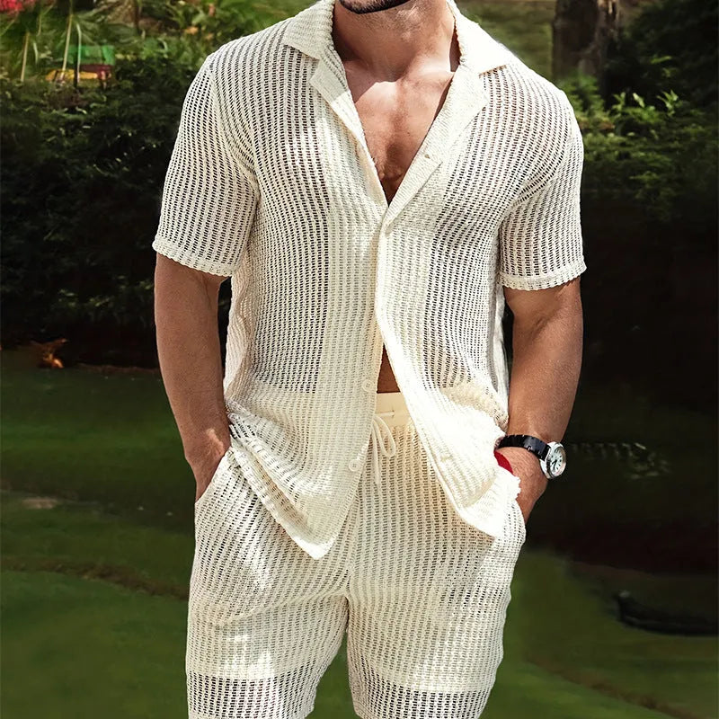 Men's retro light yellow striped Henley shirt with short sleeves and lapel collar, casual loose fit