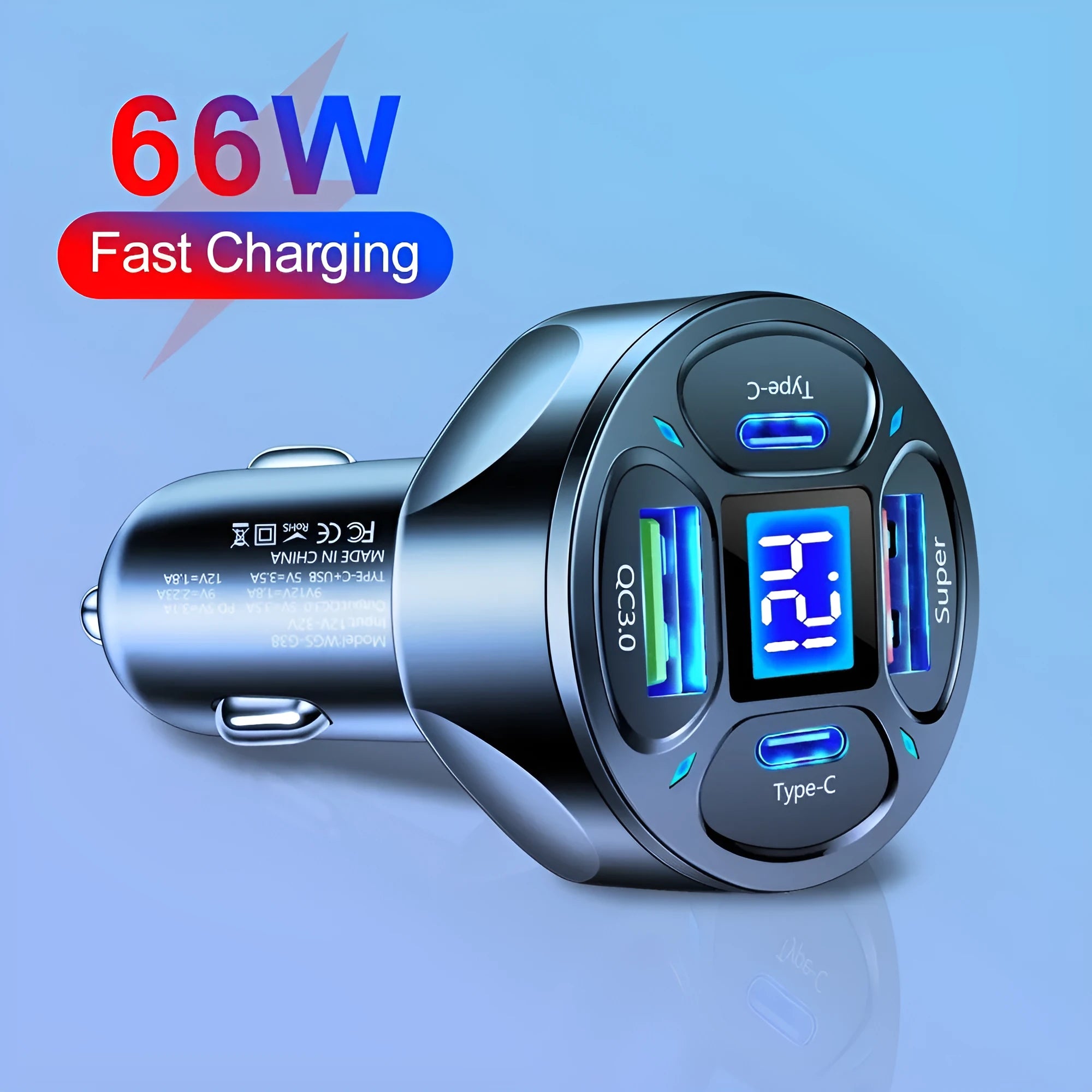 66W dual USB and dual Type-C car charger with digital display showing voltage reading