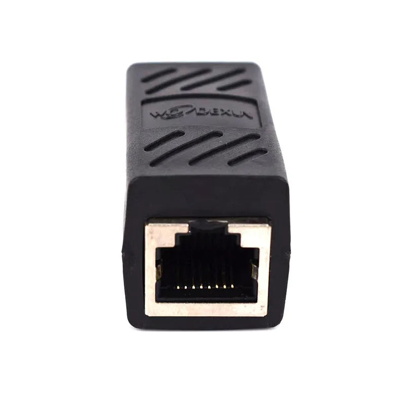 Black RJ45 network cable extender adapter connecting two Ethernet cables.