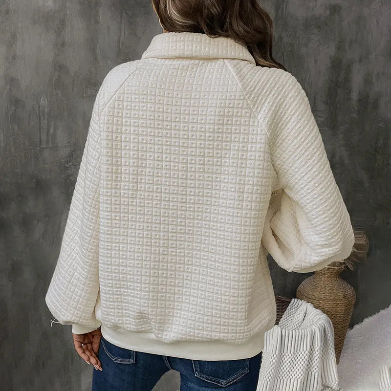 Women's milky white polo collar sweater with long sleeves and solid colour design
