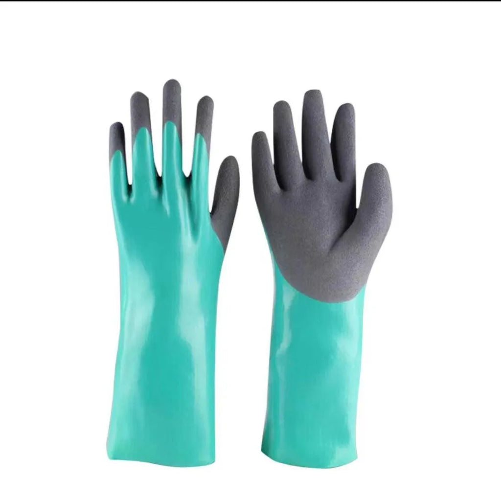 Navy blue women's nitrile gloves shown in short and lengthened sleeve versions for fishing and work.